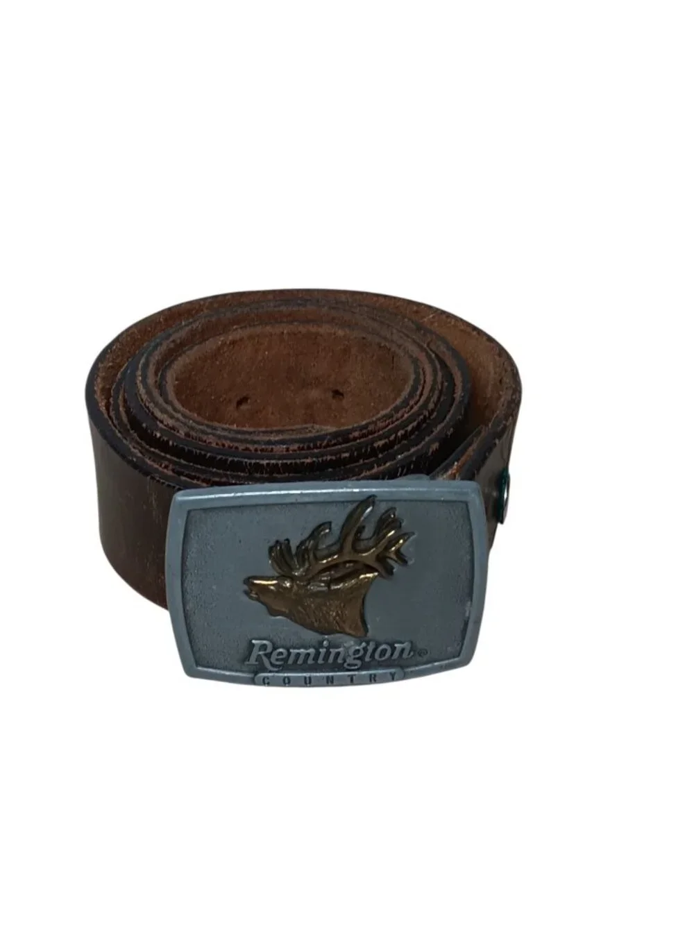 Mens Brown Leather Belt USA Made with Remington Country Bugling Elk Buckle 1986
